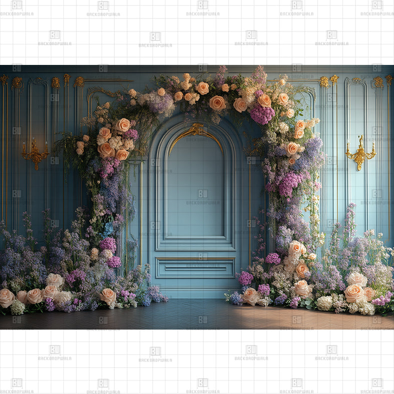 Blue Floral Doorway Printed Baby Backdrop
