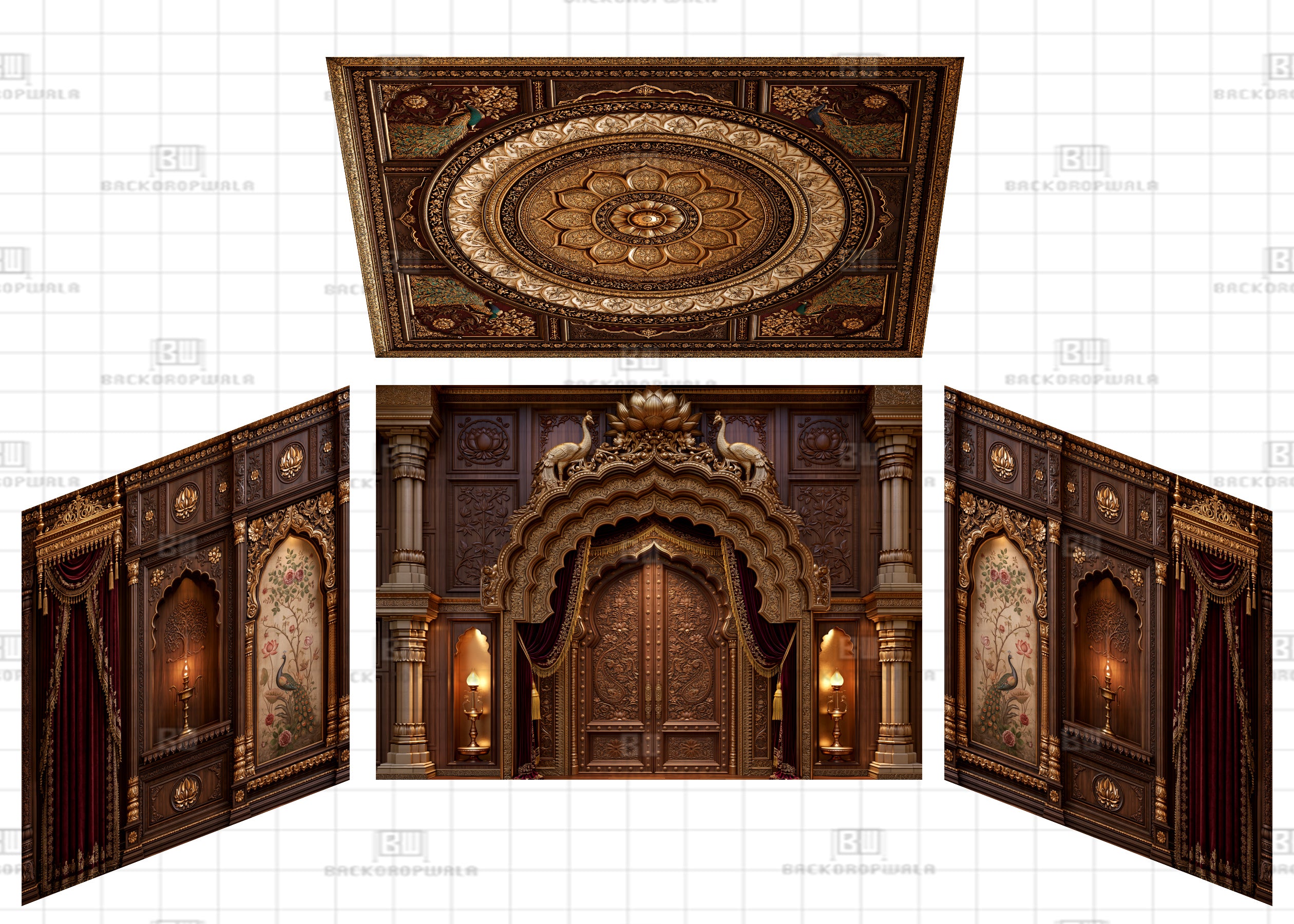 Grand Imperial Teakwood Archway Theme Ganesh Pandal Backdrop