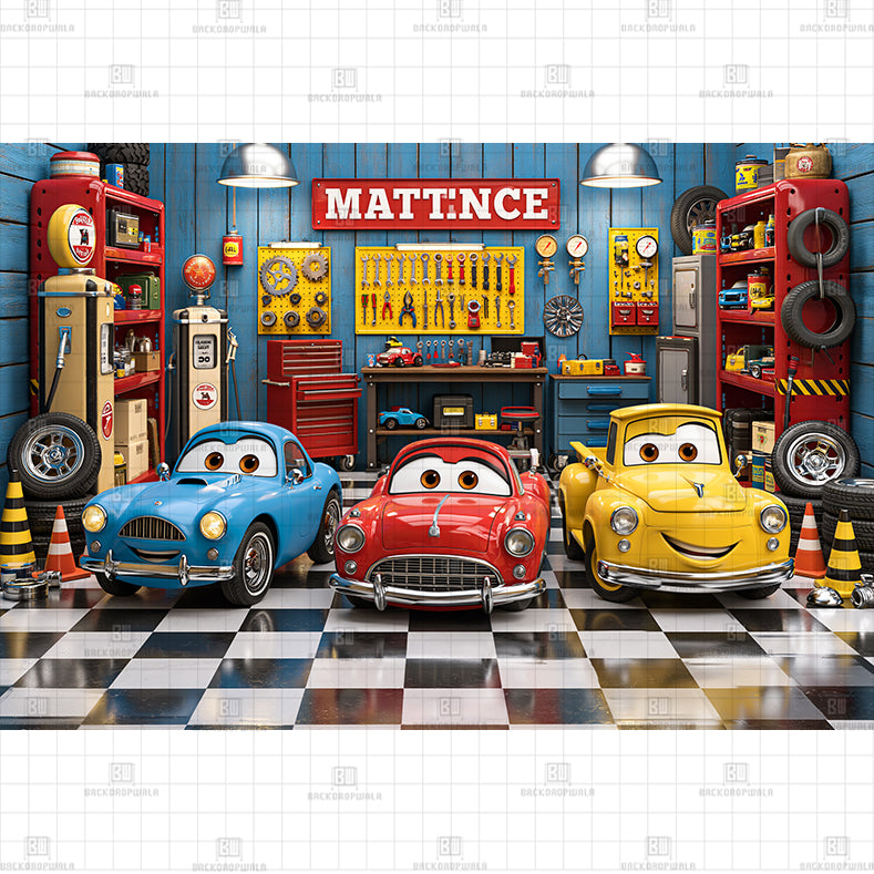 Yellow Car Garage Printed Baby Backdrop