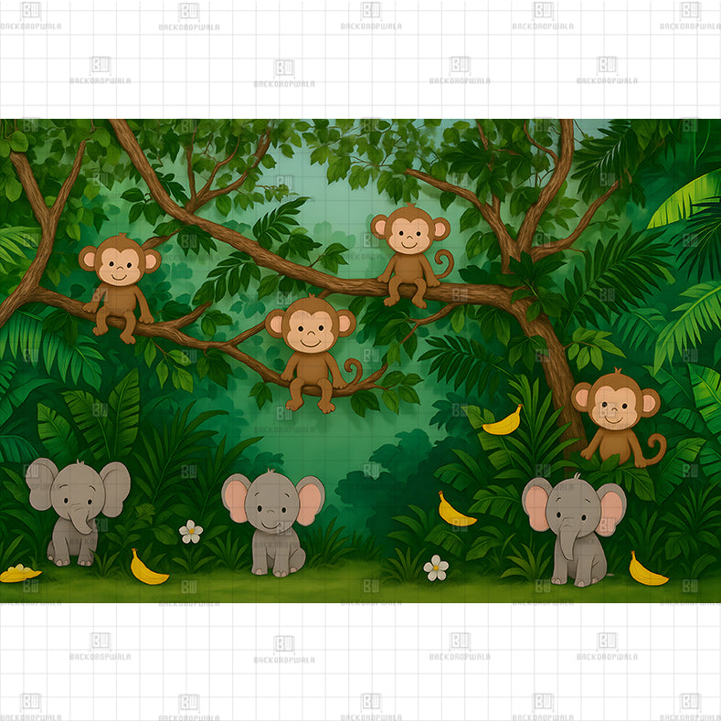 Elephants & Monkey Printed Baby Backdrop