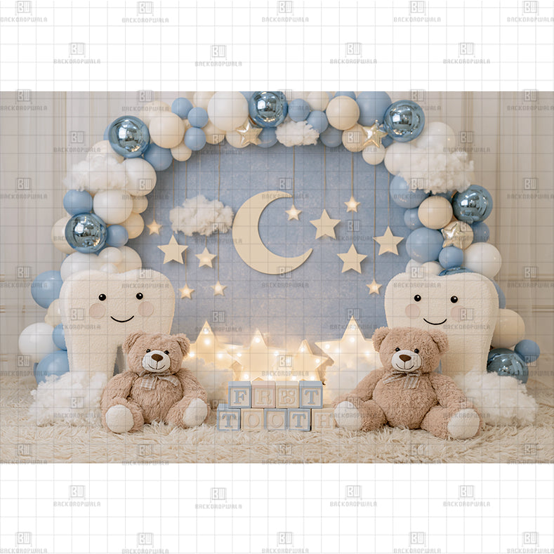 Teddy Bear and Little Teeth Moon Printed Baby Backdrop