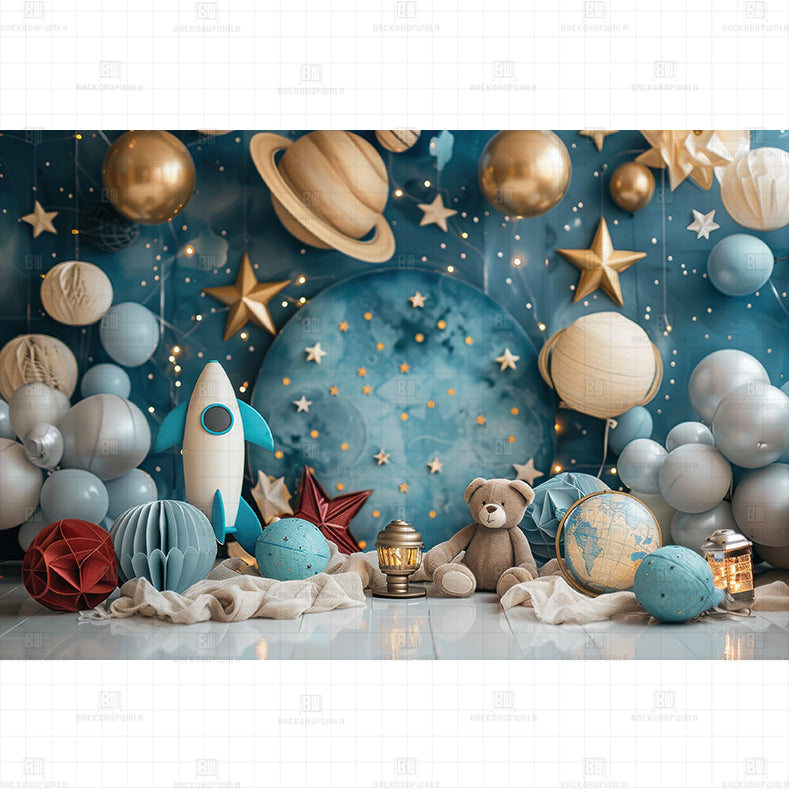 Space Theme Birthday Printed Baby Backdrop