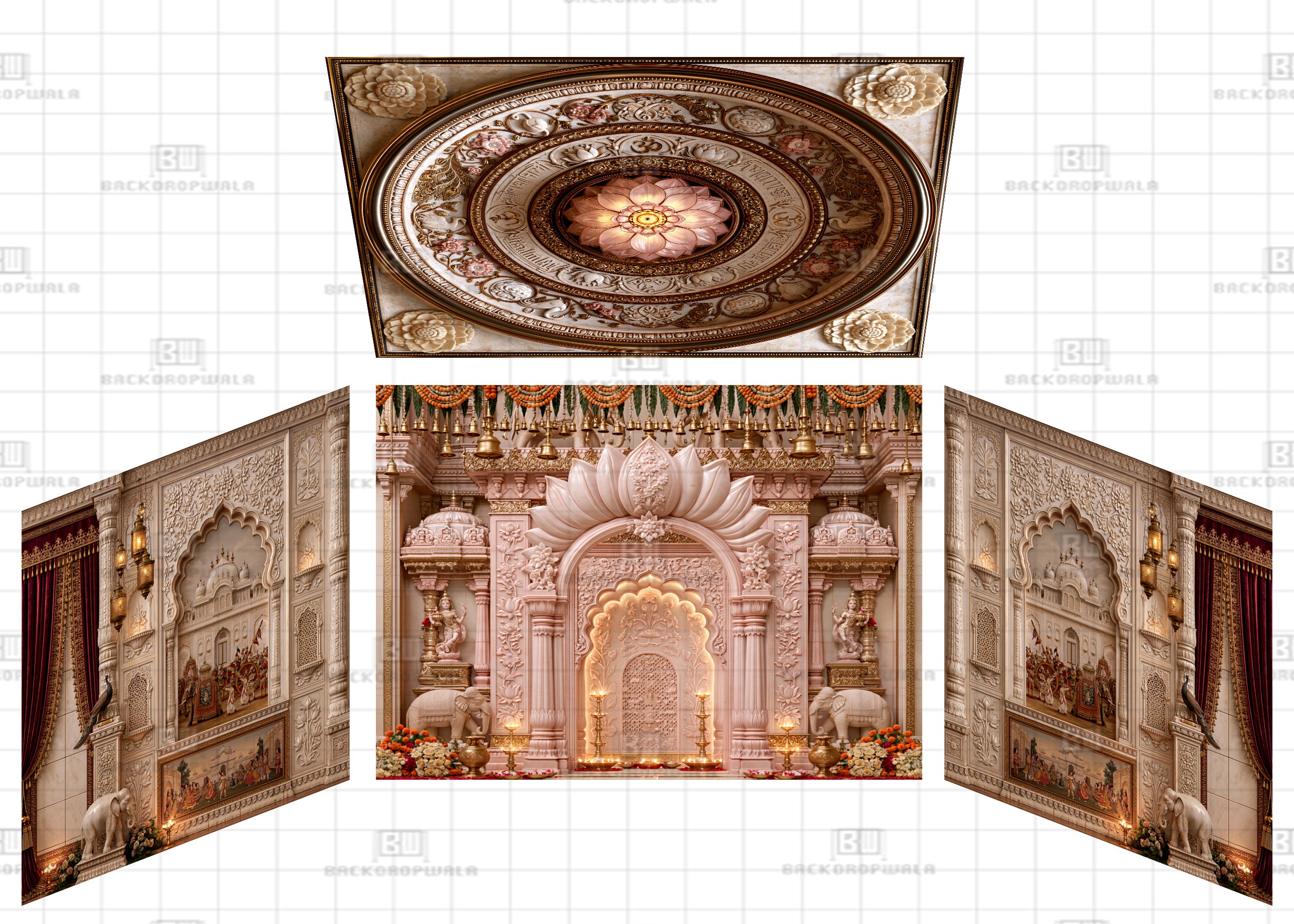 Royal Pink Marble Lotus Shrine Theme Ganesh Pandal Backdrop