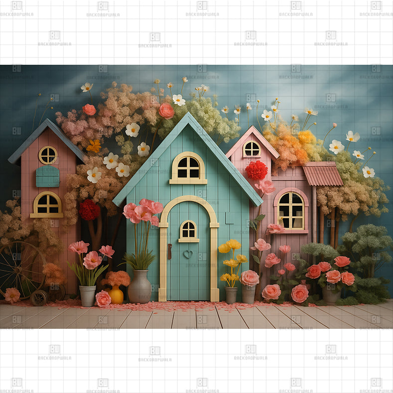 Pastel Village Houses Printed Baby Backdrop