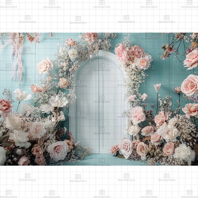 Blue Floral Door Arch Printed Baby Backdrop