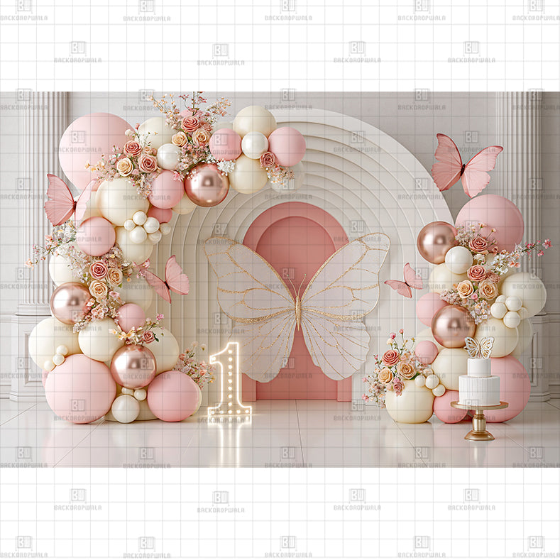 Pink Gold Butterfly Balloons Printed Baby Backdrop