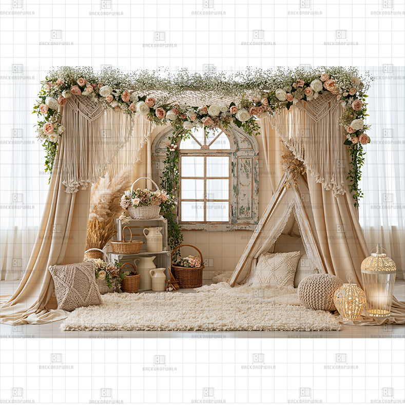 Macrame Teepee & Cream Drapery Printed Baby Backdrop