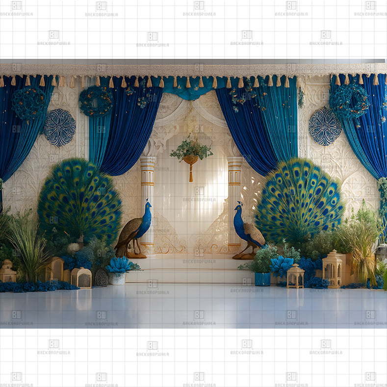 Blue Peacock Mandap PRINTED BACKDROP