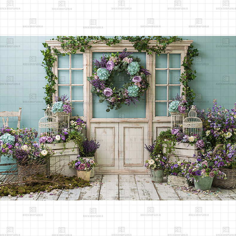 Teal Floral Door Printed Baby Backdrop