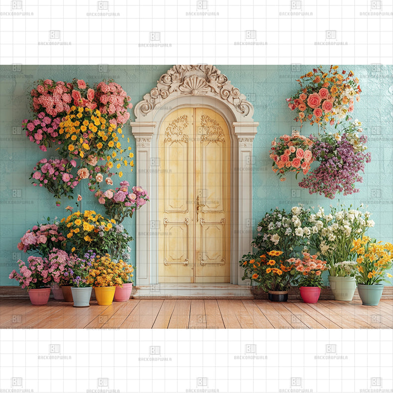 Teal Floral Door Printed Baby Backdrop
