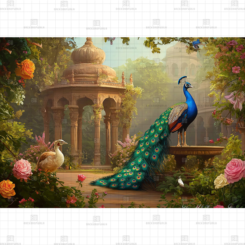 Enchanted Peacock Courtyard Printed Baby Backdrop