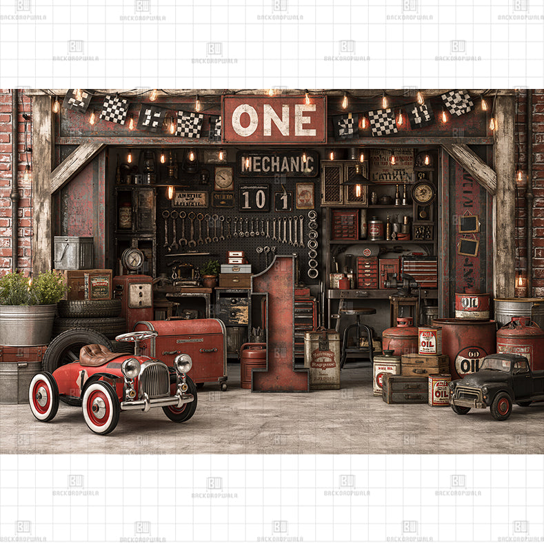Red Car Garage Printed Baby Backdrop