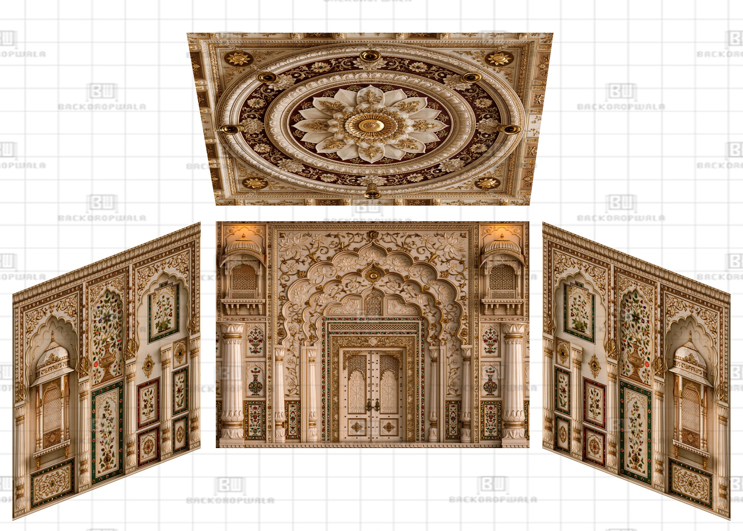 Warm Golden Ivory Archway Theme Ganesh Pandal Backdrop