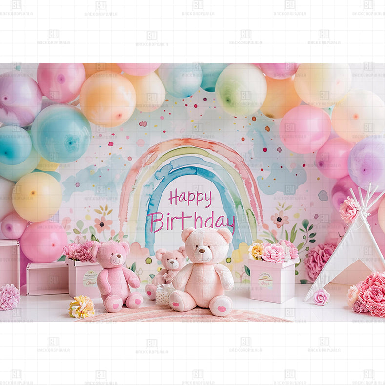 Pink Teddy Bear With Ballons Printed Baby Backdrop