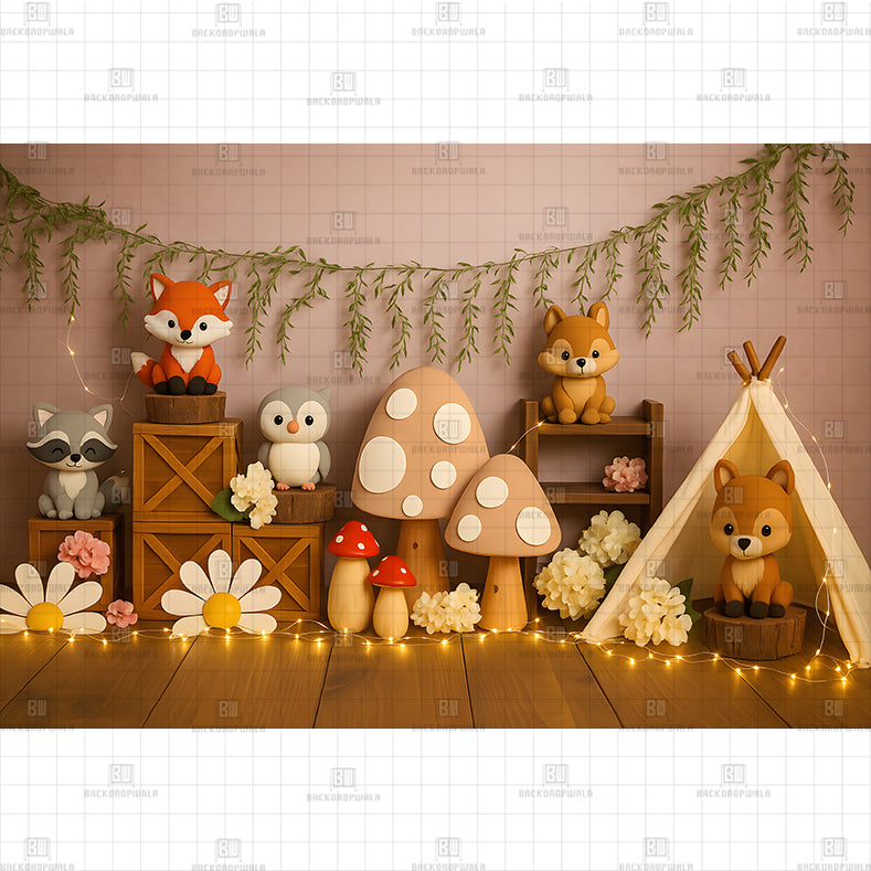 Woodland Fox and Raccoon Printed baby backdrop