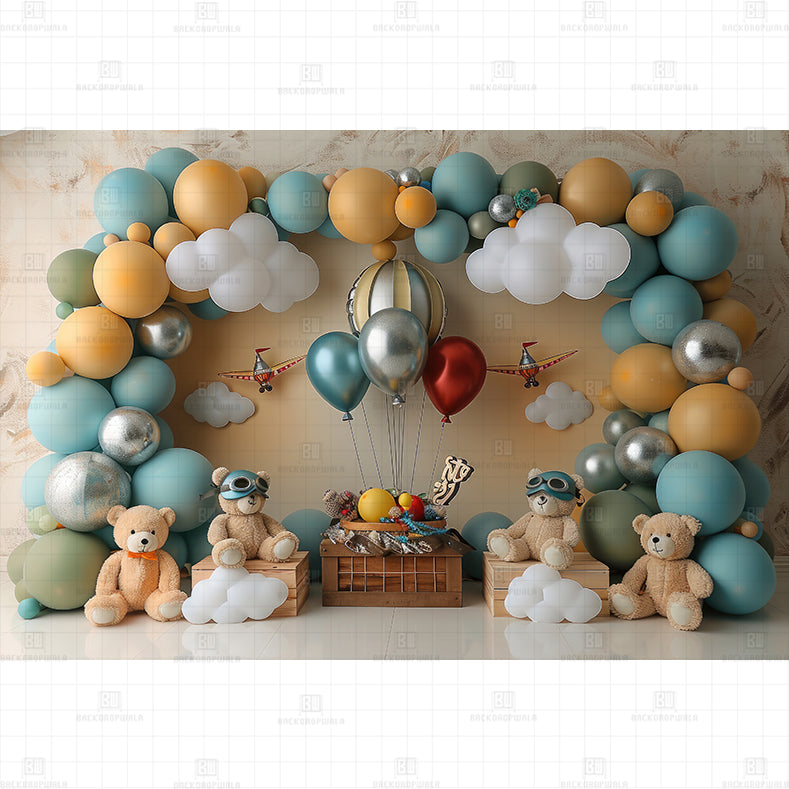 Teddy Aviator Birthday Printed Baby Backdrop