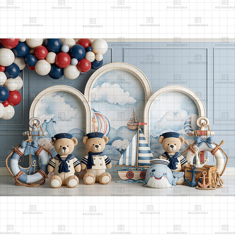 Blue Teddy Birthday Printed Baby Backdrop
