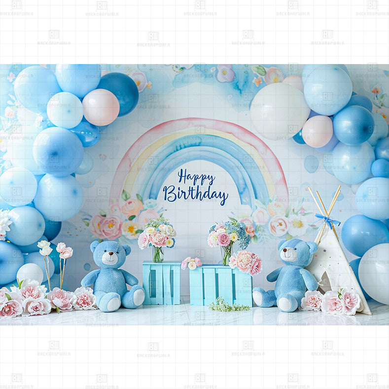 Blue Teddy Birthday Printed Baby Backdrop