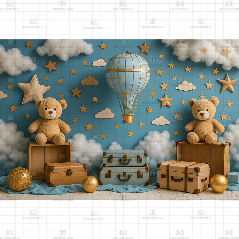 Hot Air Ballon Clouds Printed Baby Backdrop