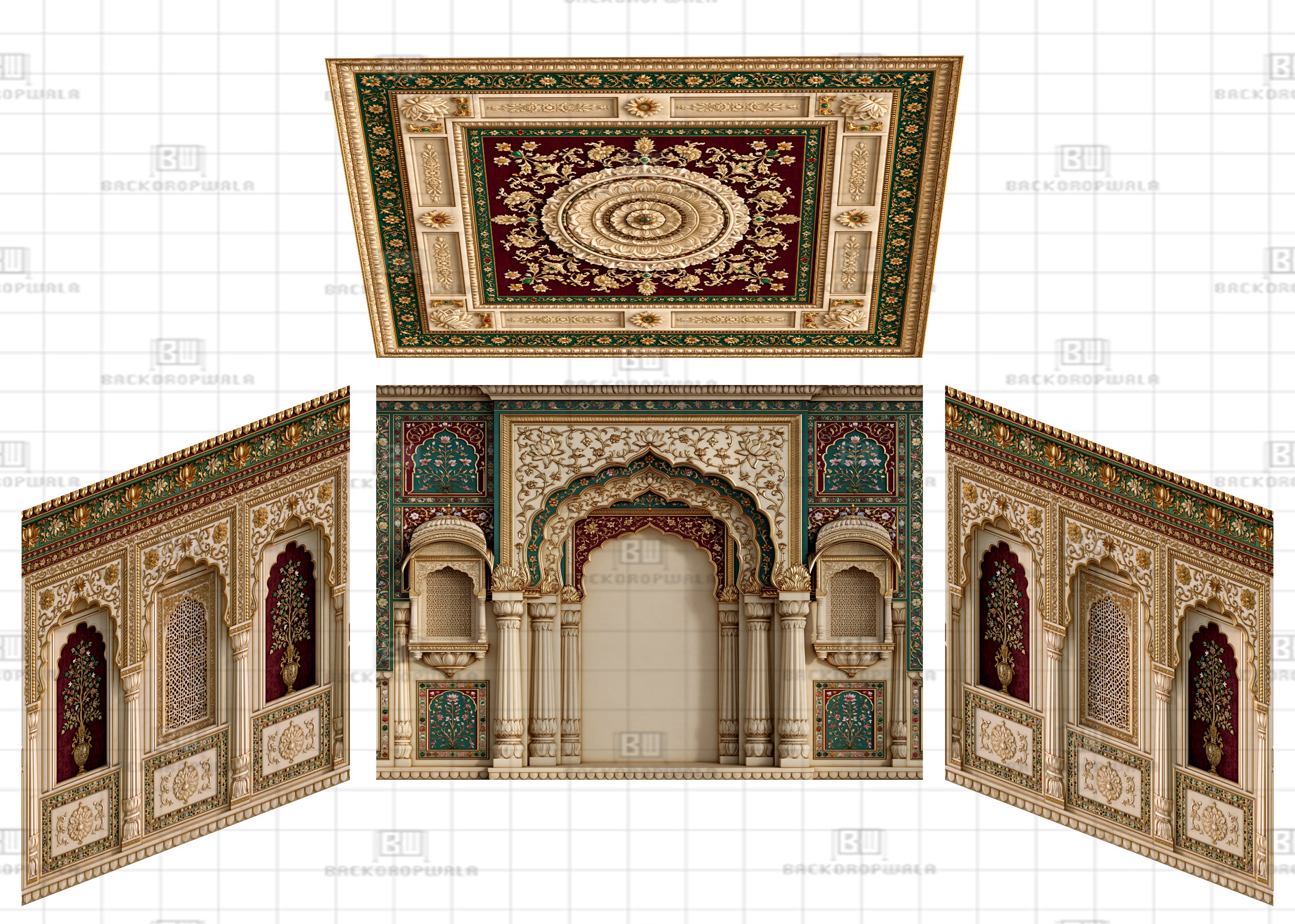 Traditional Royal Palace Arch & Coffered Theme Ganesh Pandal Backdrop