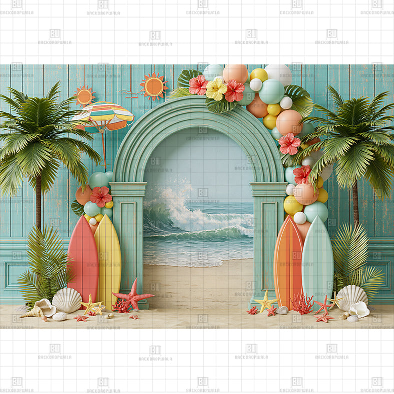 Tropical Beach Surfboard Archway Printed Baby Backdrop