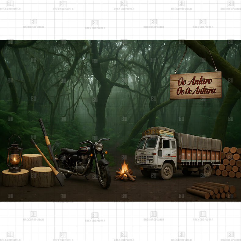 Green Forest Truck Printed Baby Backdrop