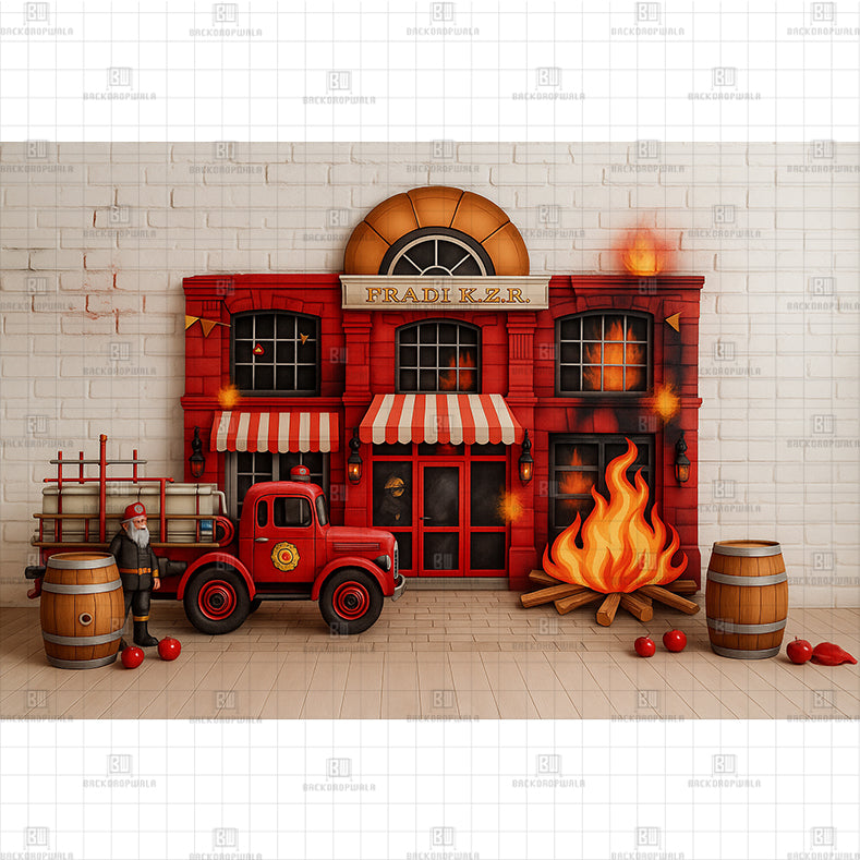 Fire Station with Flame Printed Baby Backdrop