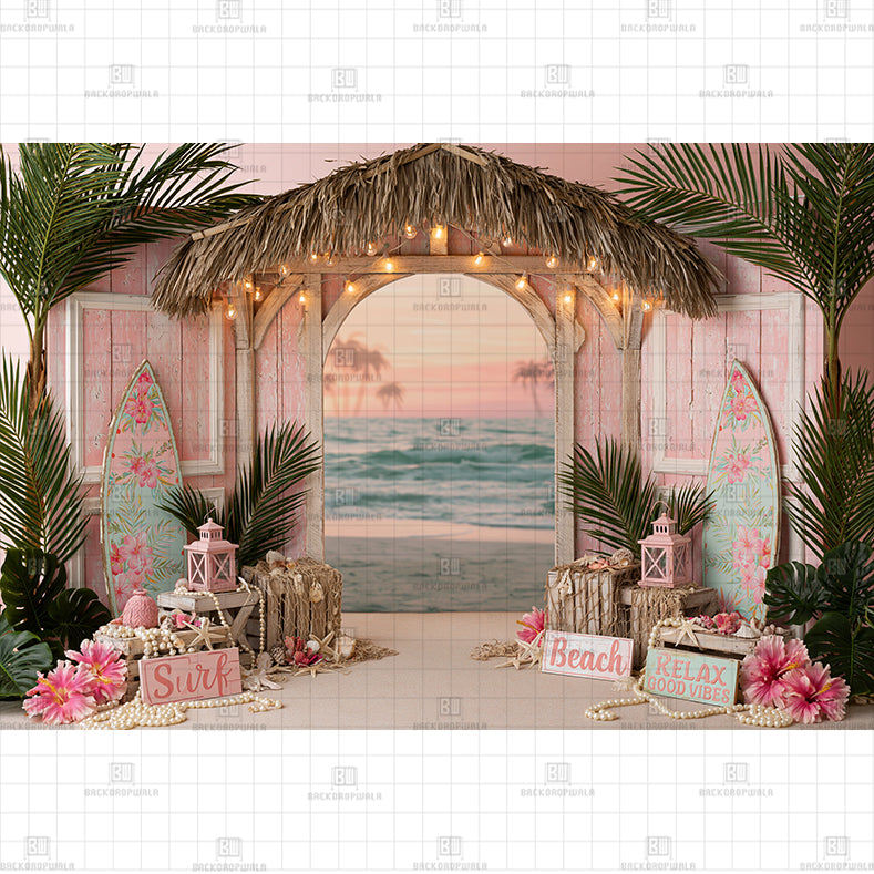 Pink Tropical Beach Hut Floral Surfboard Printed Baby Backdrop