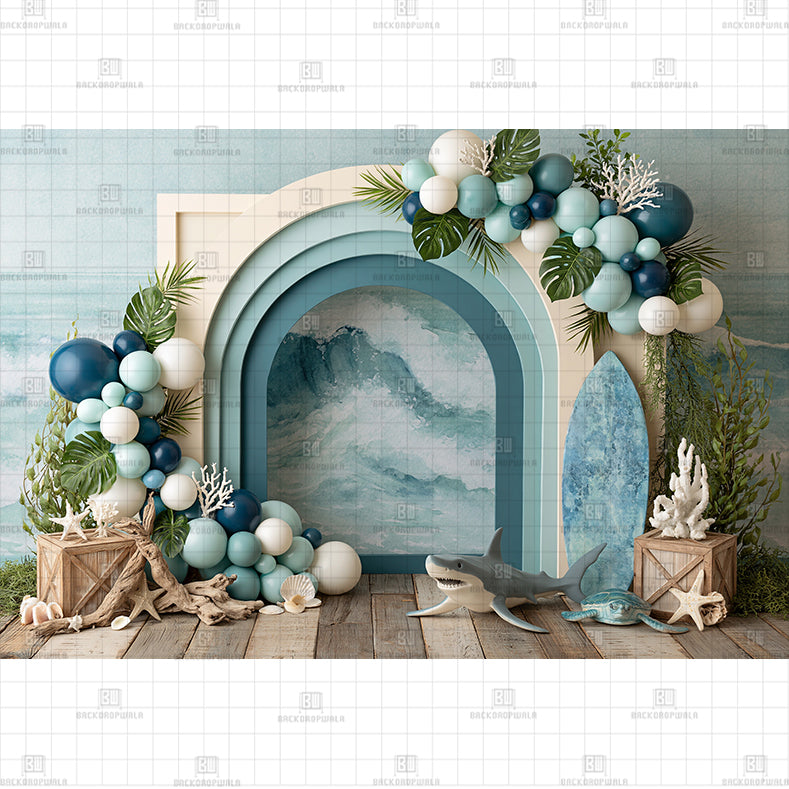 Coastal Adventure Teal Balloon Garland Printed Baby Backdrop