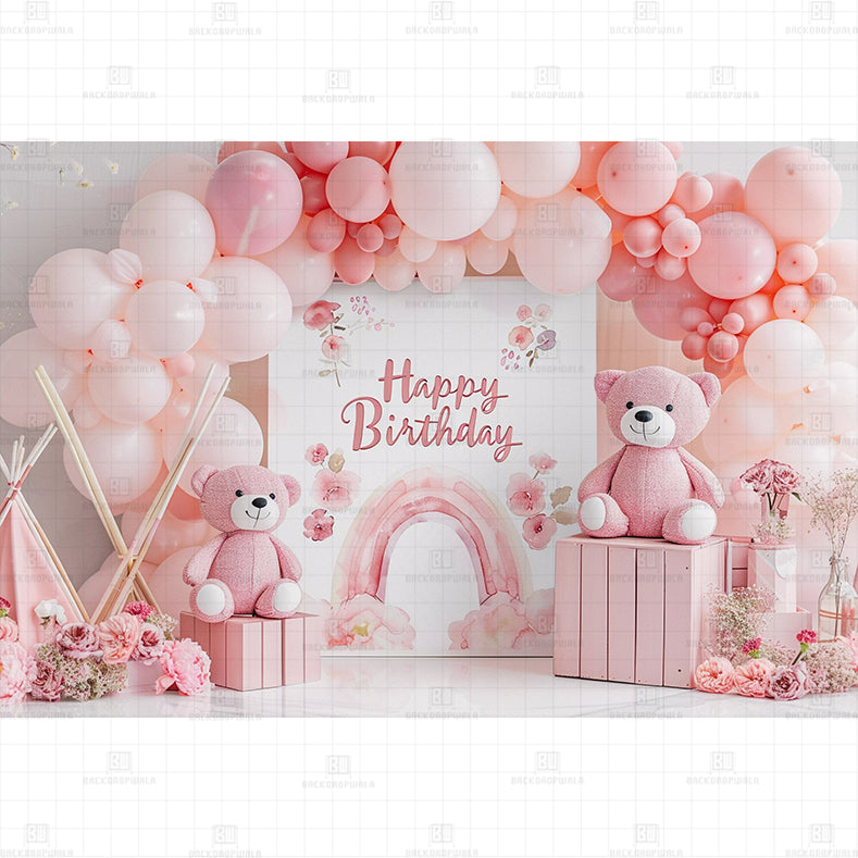 Pink Balloon Teddy Printed Baby Backdrop