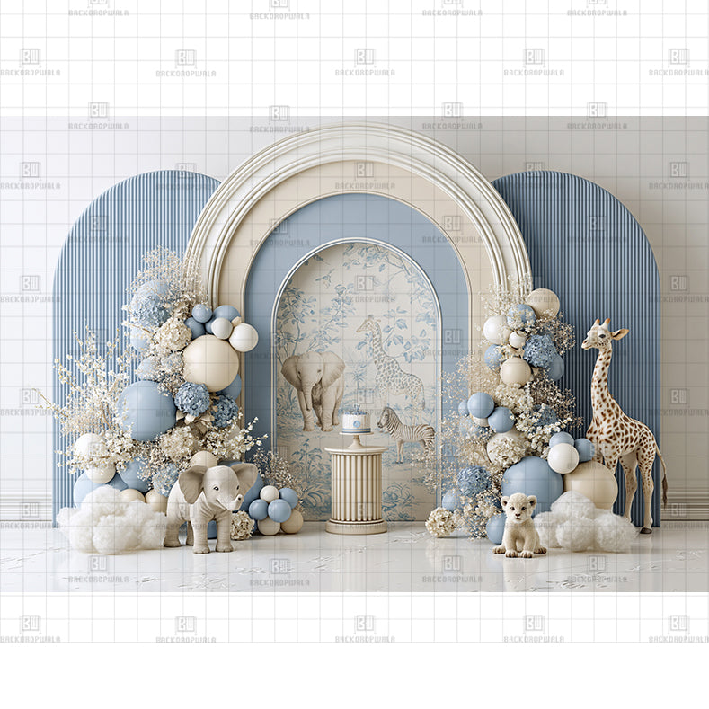 Blue Arch Balloon Teddy Printed Baby Backdrop