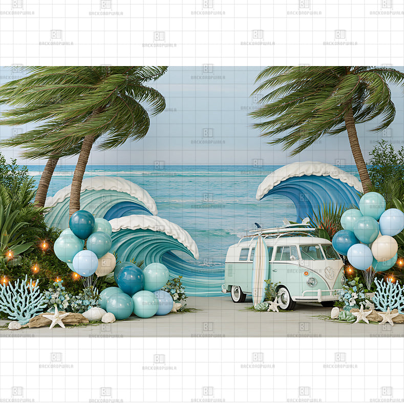 Tropical Ocean Wave and Seashells Printed Baby Backdrop