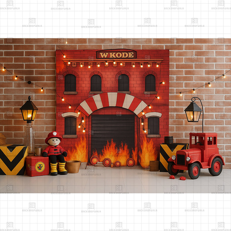 Fire Station with Lanterns Printed Baby Backdrop