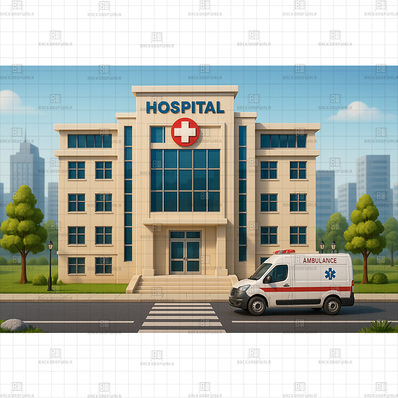 Hospital With Ambulance Printed Baby Backdrop