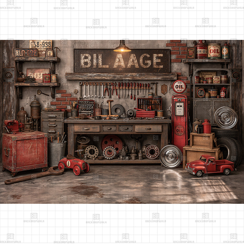 Vintage Car Workshop Printed Baby Backdrop