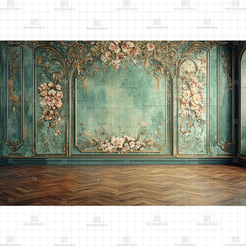 Victorian Floral Teal Wall backdrop Printed Baby Backdrop
