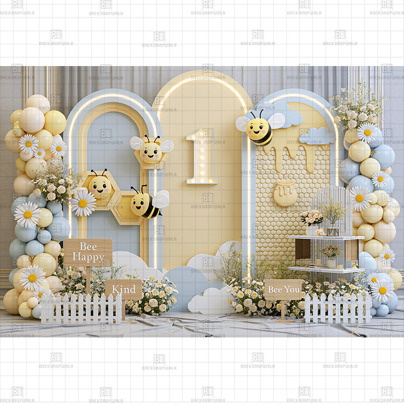 Yellow Blue Color Birthday Bash Printed Baby Backdrop
