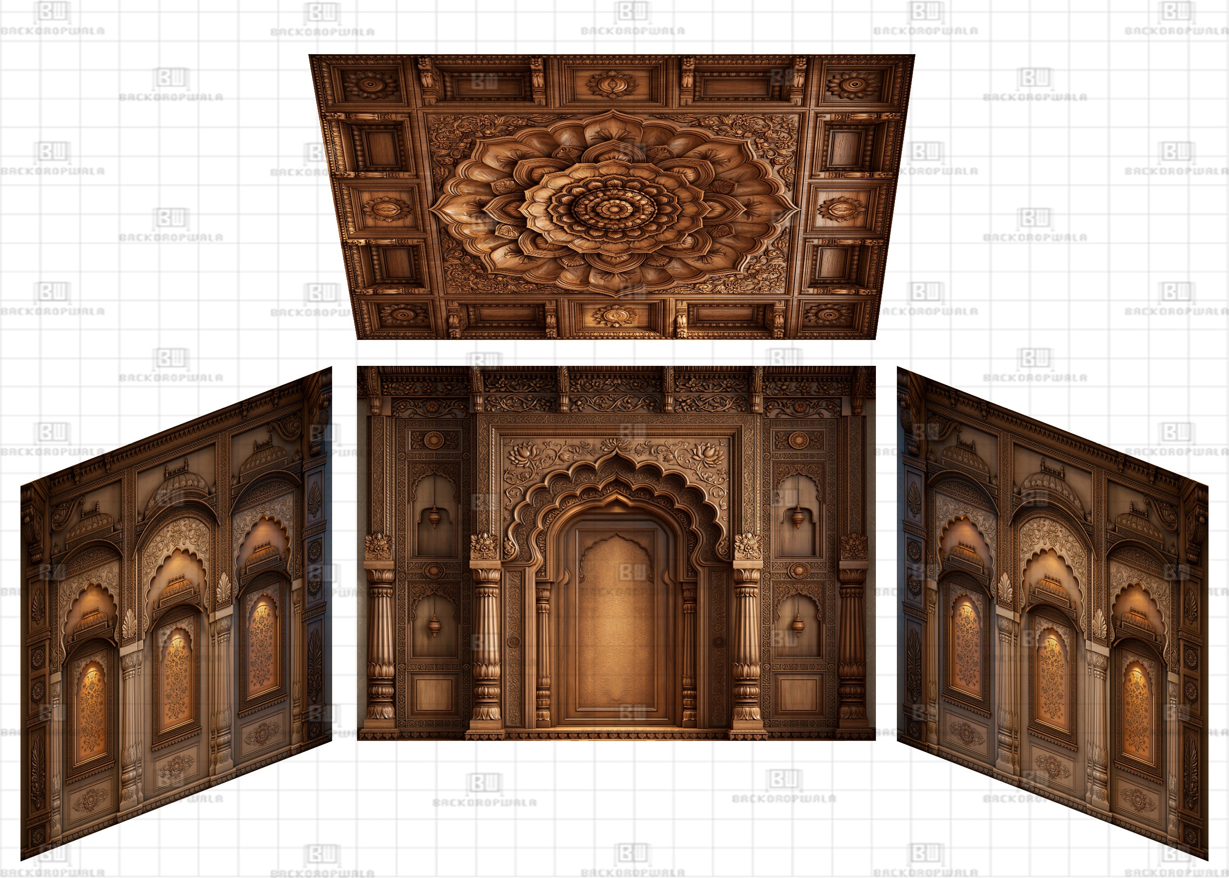 Traditional Carved Wooden Palace Theme Ganesh Pandal Backdrop