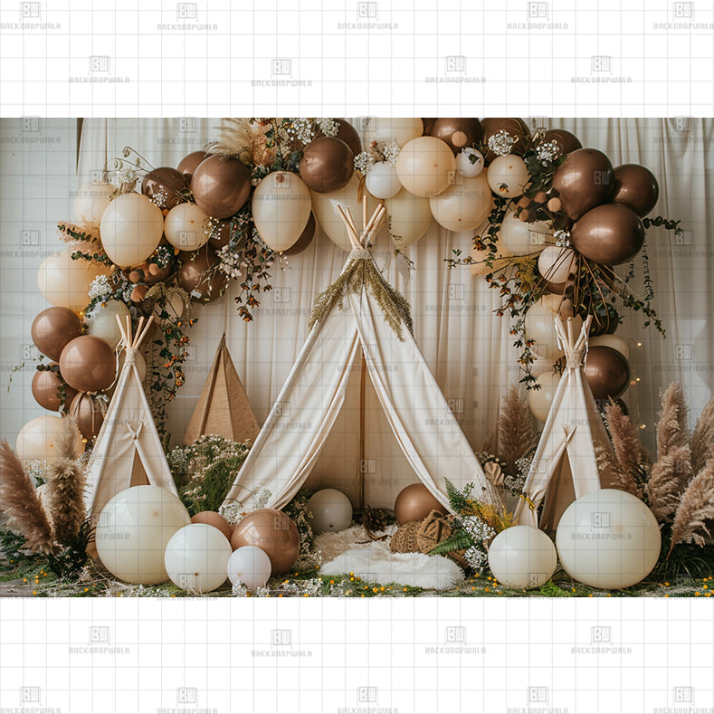 Boho Tent Pampas Grass Printed Baby Backdrop