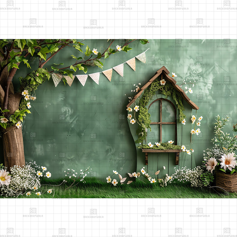 Springtime Wooden House Printed Baby Backdrop