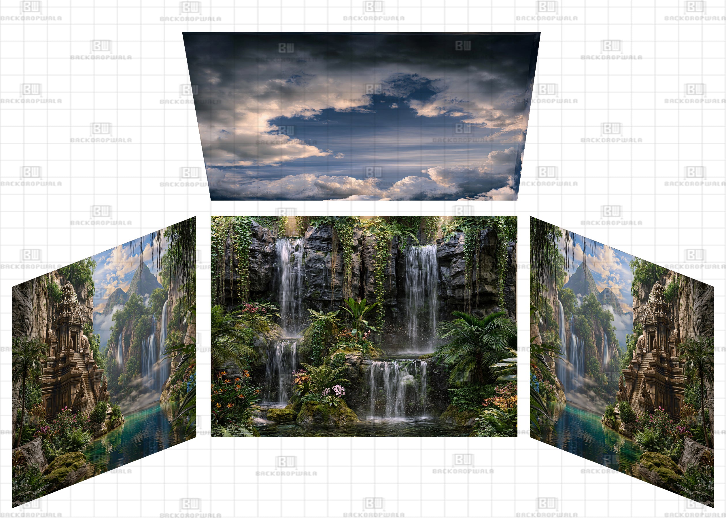 Lush Rainforest Waterfall Theme Ganesh Pandal Backdrop