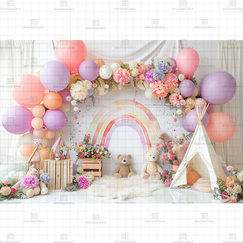 Pink Floral Arch Balloons Printed Baby Backdrop