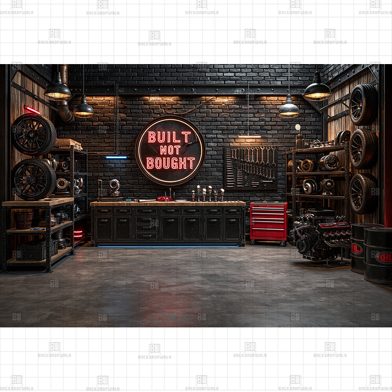 Hot Rod Garage Printed Baby Backdrop
