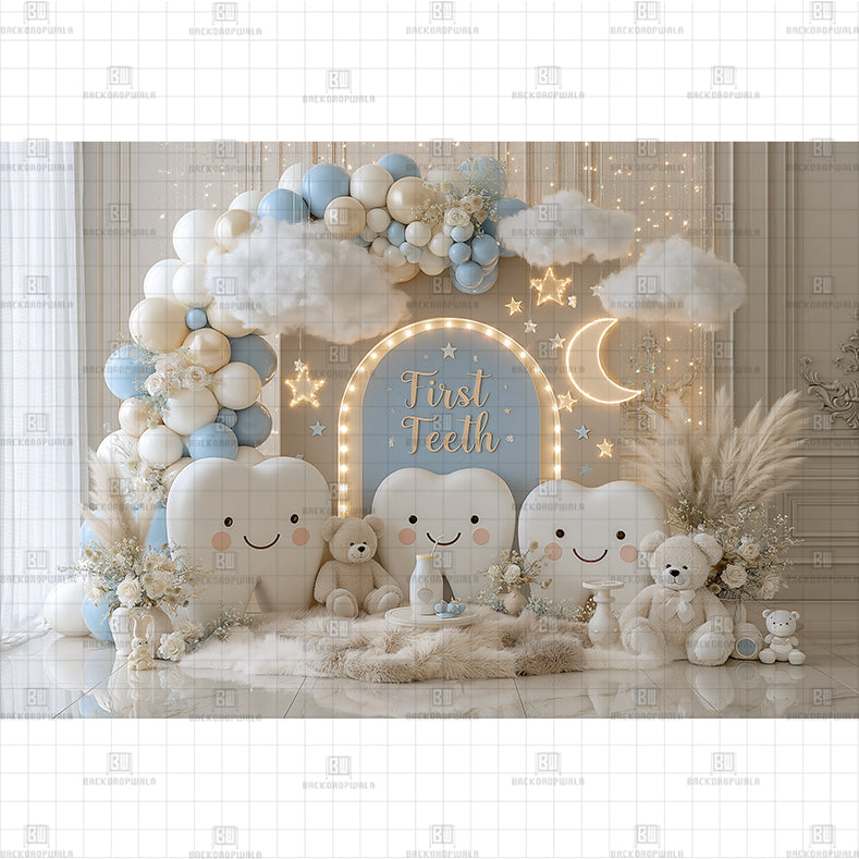 Blue and Cream Balloon Arch First Teeth Celebration Printed Baby Backdrop