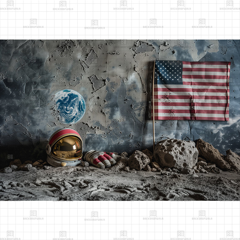 American Flage on Moon Printed Baby Backdrop