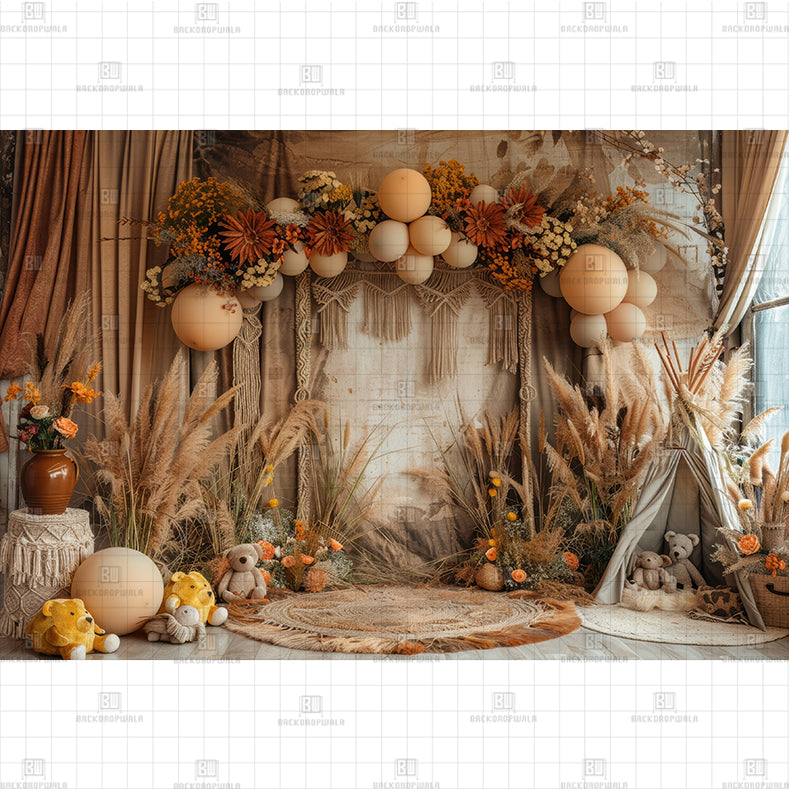Boho Pampas Arch Backdrop Printed Baby Backdrop