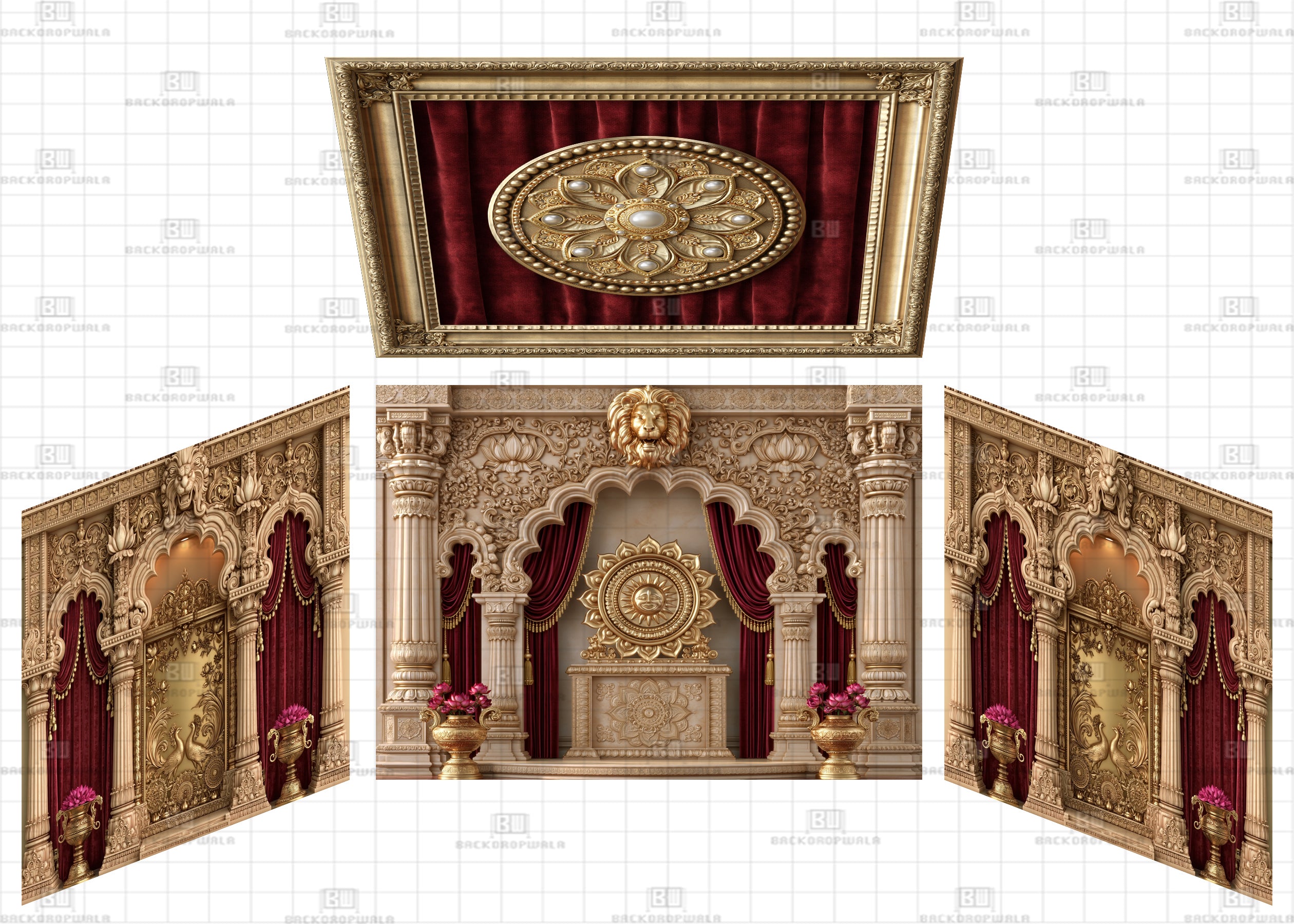 Royal Golden Lion Crest Theme Ganesh Pandal Backdrop