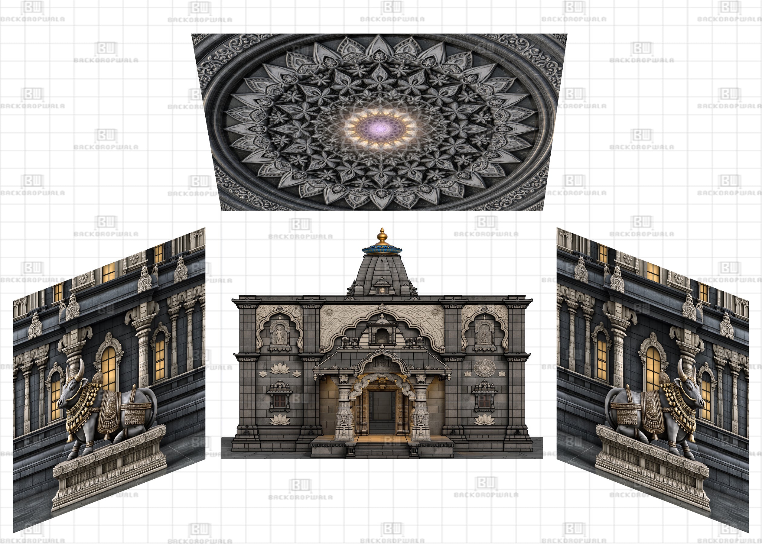 Sacred Nandi Stone Temple Theme Ganesh Pandal Backdrop