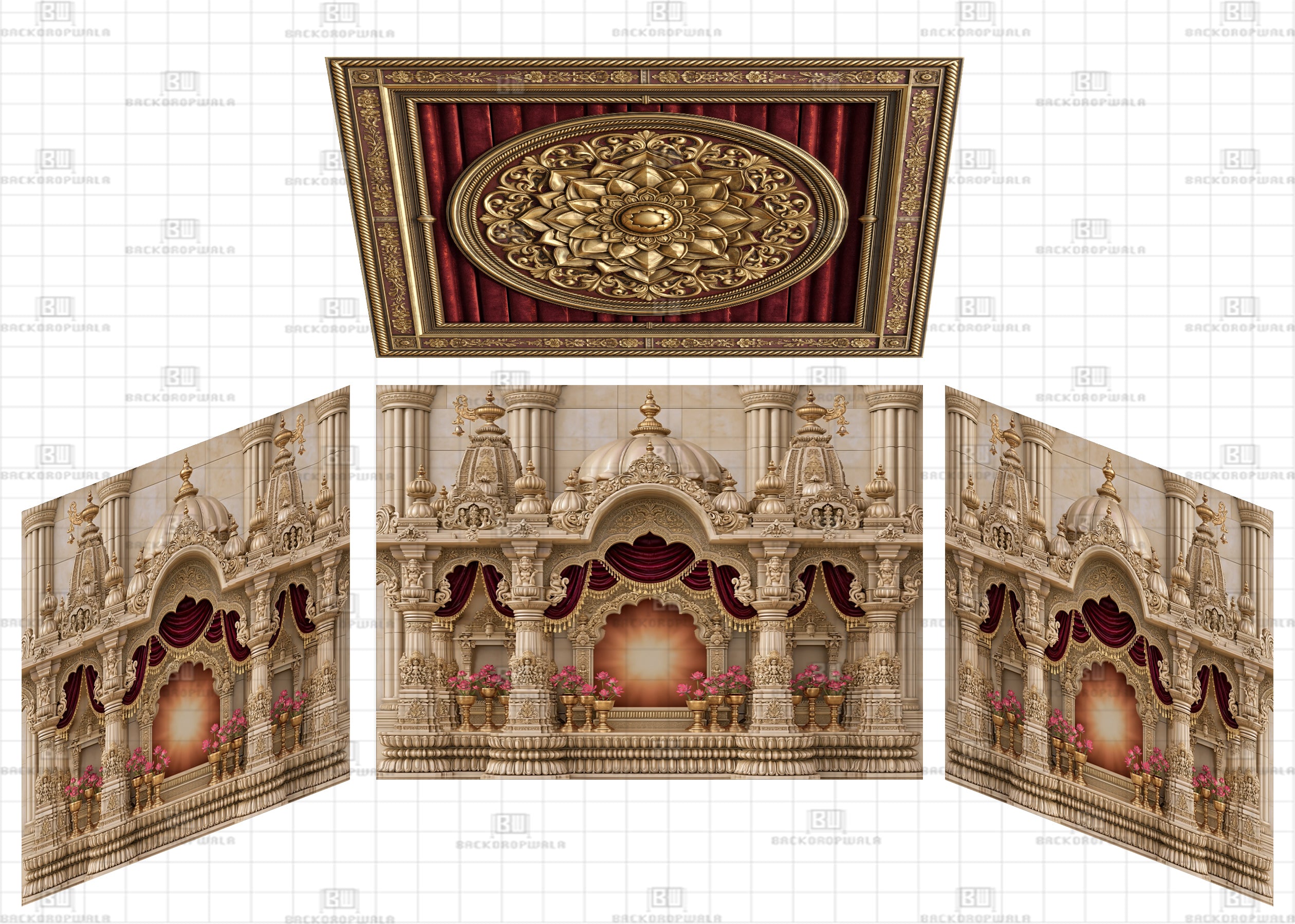 Crimson & Ivory Sanctum Theme Ganesh Pandal Backdrop