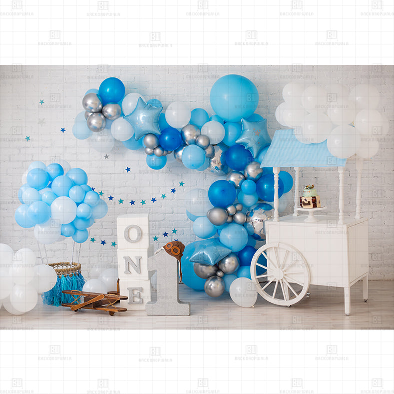 Blue Cart One Cake Smash Printed Baby Backdrop